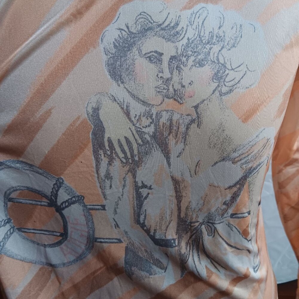 Vintage Men's Disco Shirt Large 1970s Salmon Pink Nautical Sexy Man Woman Print - Picture 7 of 10